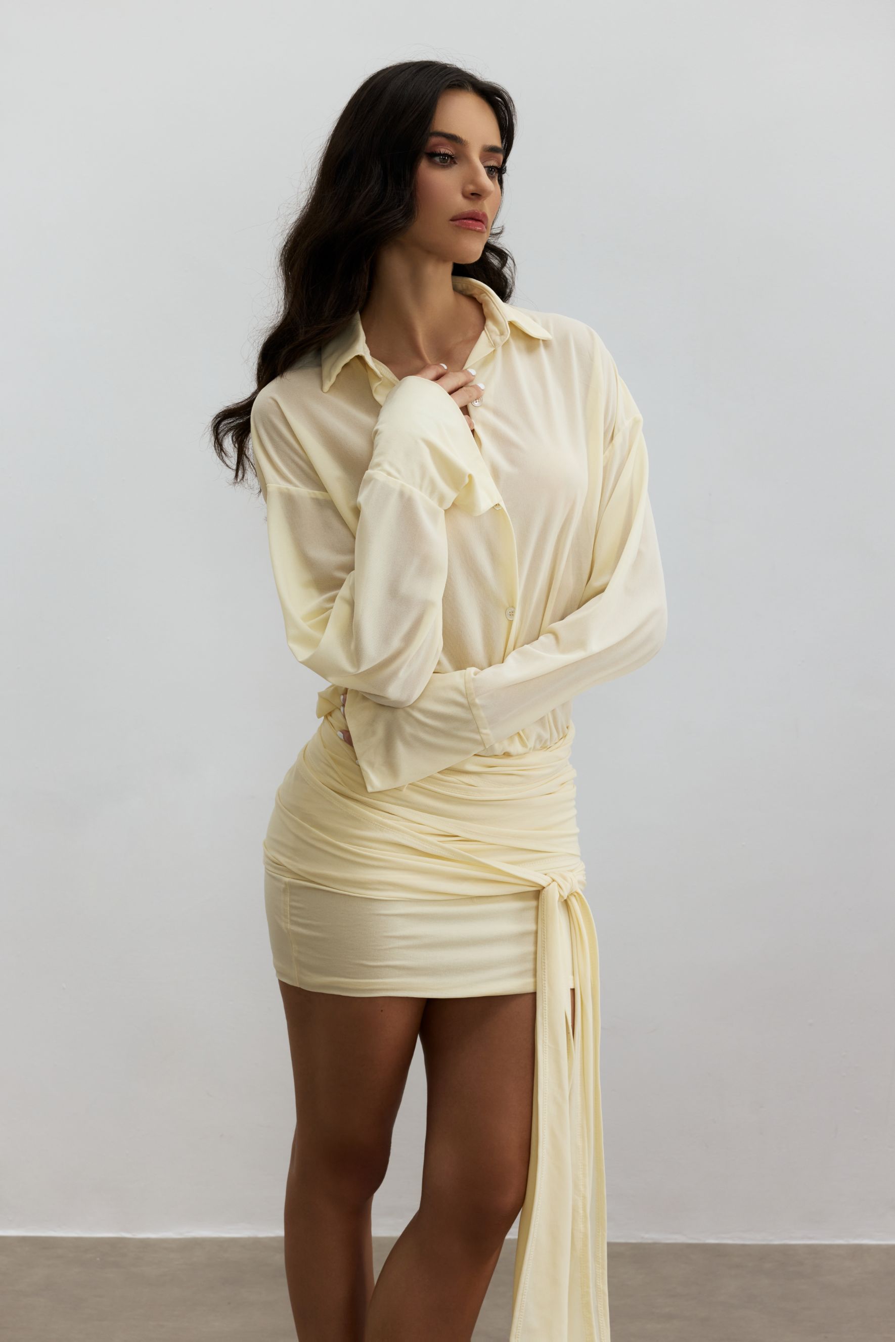 Sandy Ruched Mini Shirt Dress-purelyfable