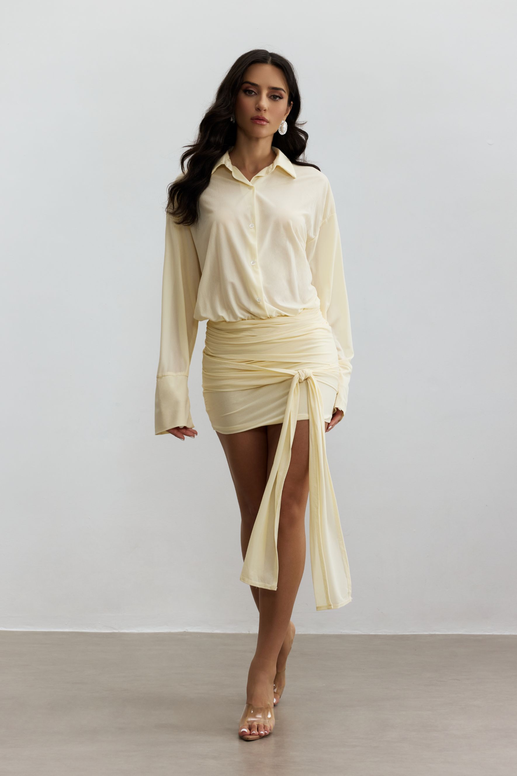 Sandy Ruched Mini Shirt Dress-purelyfable