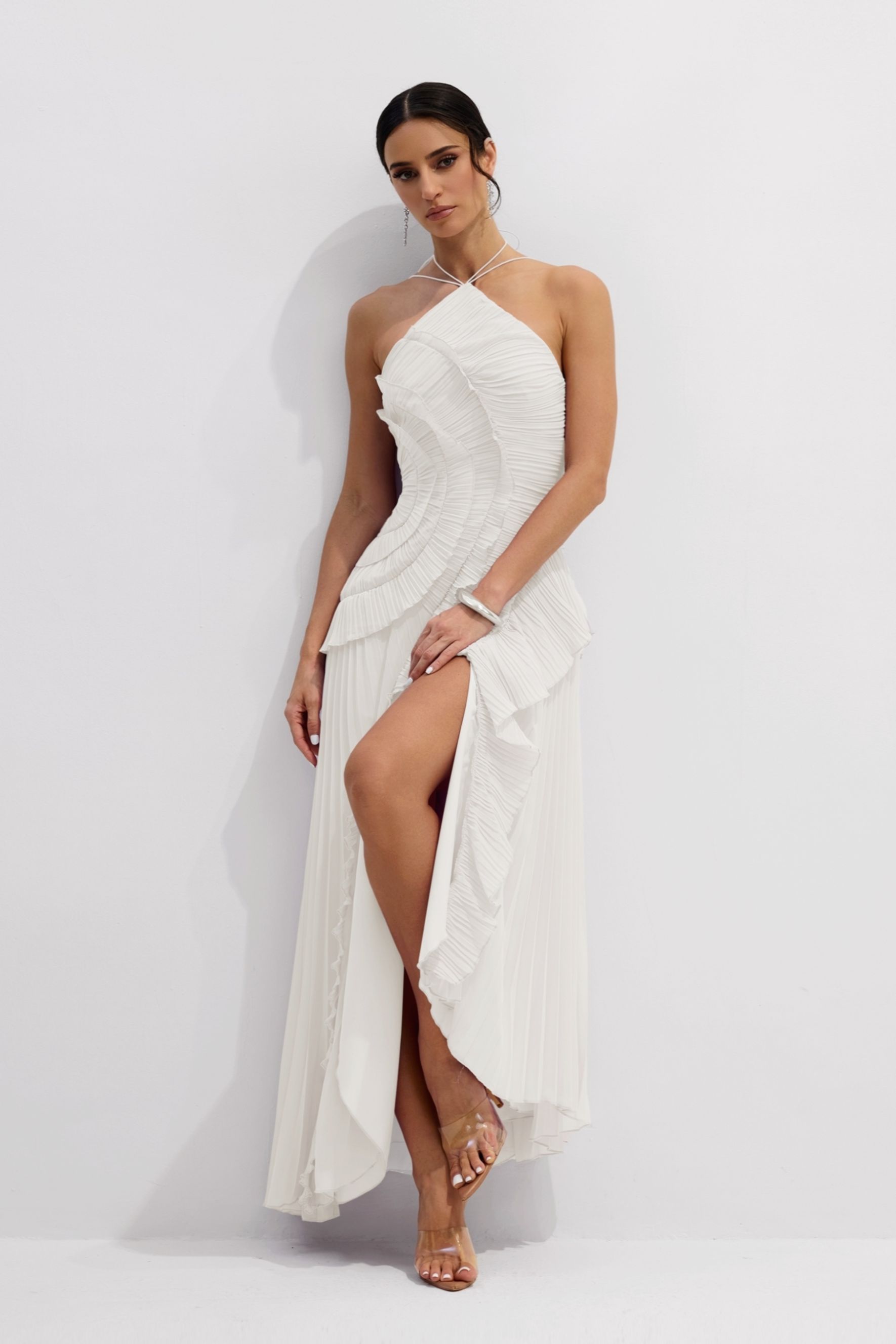 Nina Asymmetry Pleated Halterneck Midi Dress-purelyfable