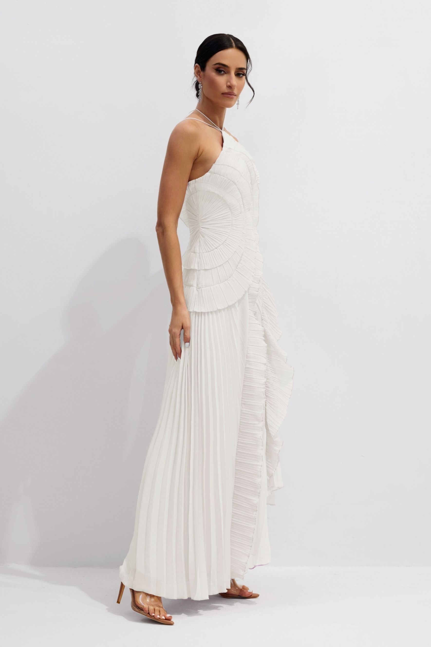 Nina Asymmetry Pleated Halterneck Midi Dress-purelyfable