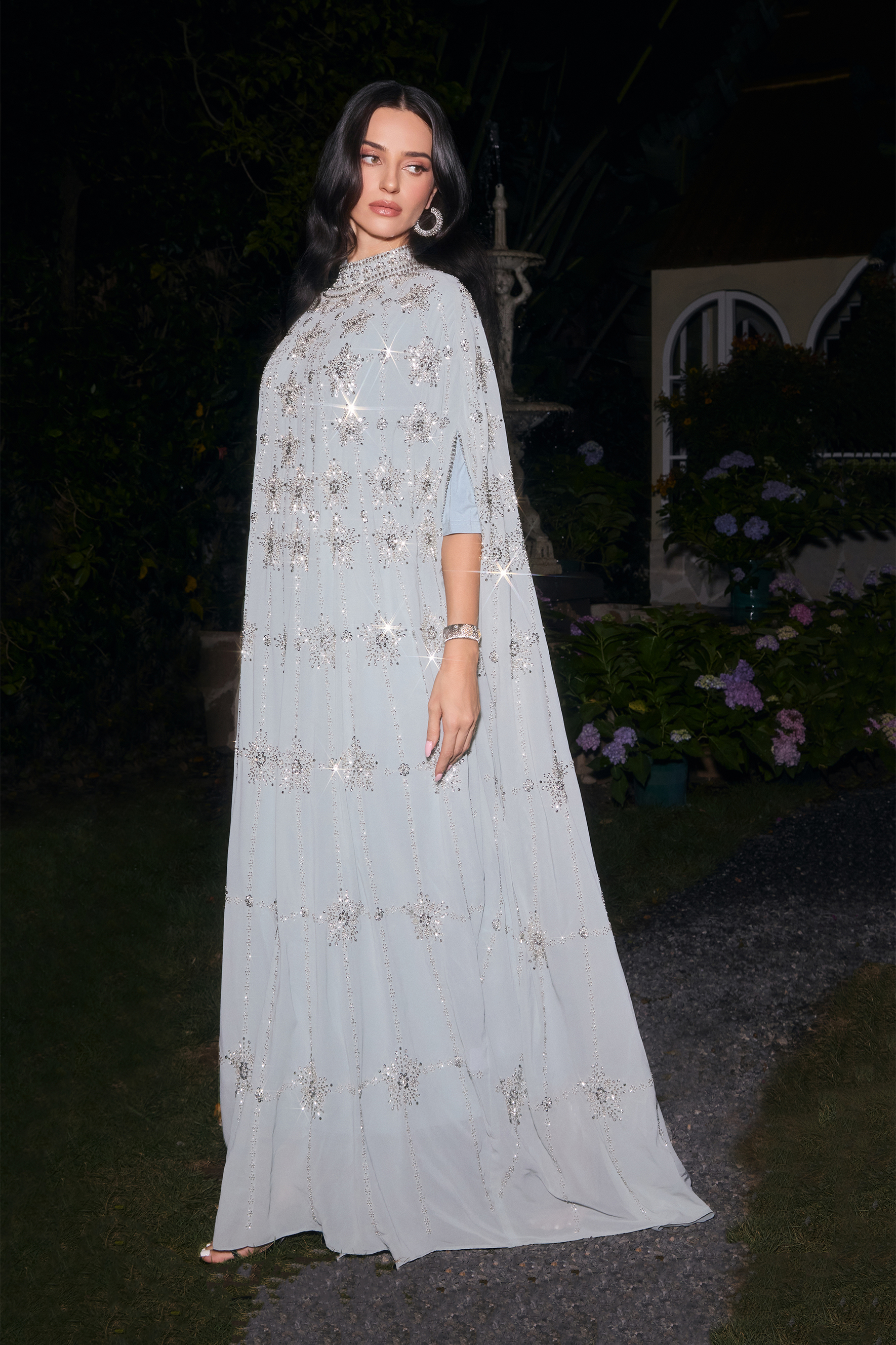Glowing Charisma Light Blue Sequin Embellished Cape Maxi Dress-purelyfable