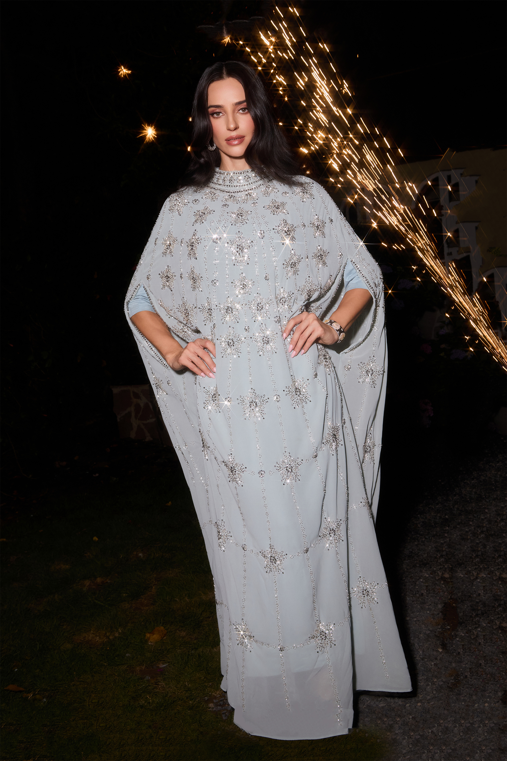 Glowing Charisma Light Blue Sequin Embellished Cape Maxi Dress-purelyfable