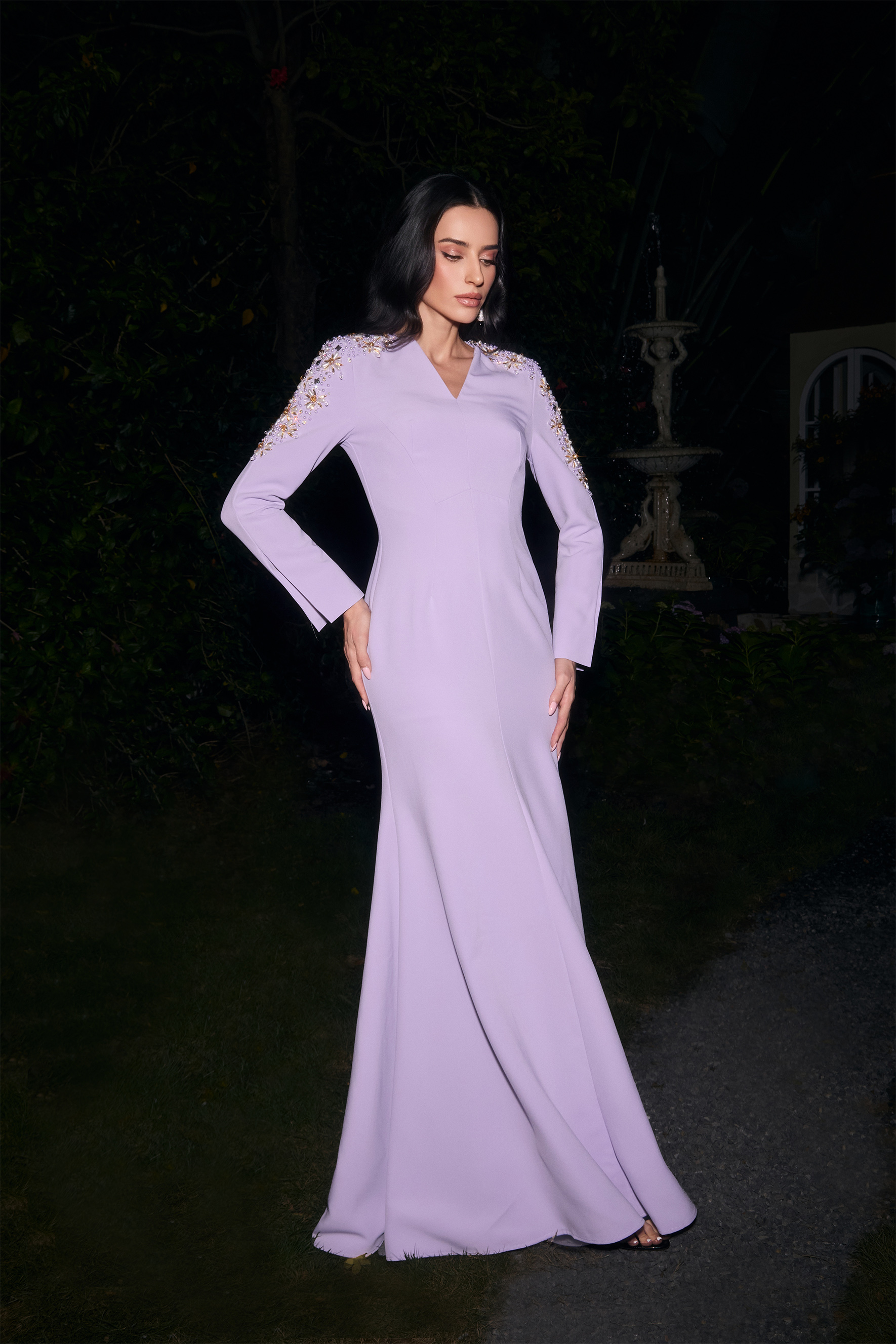 Dare To Dazzle Purple Embellished V-Neck Maxi Dress-purelyfable