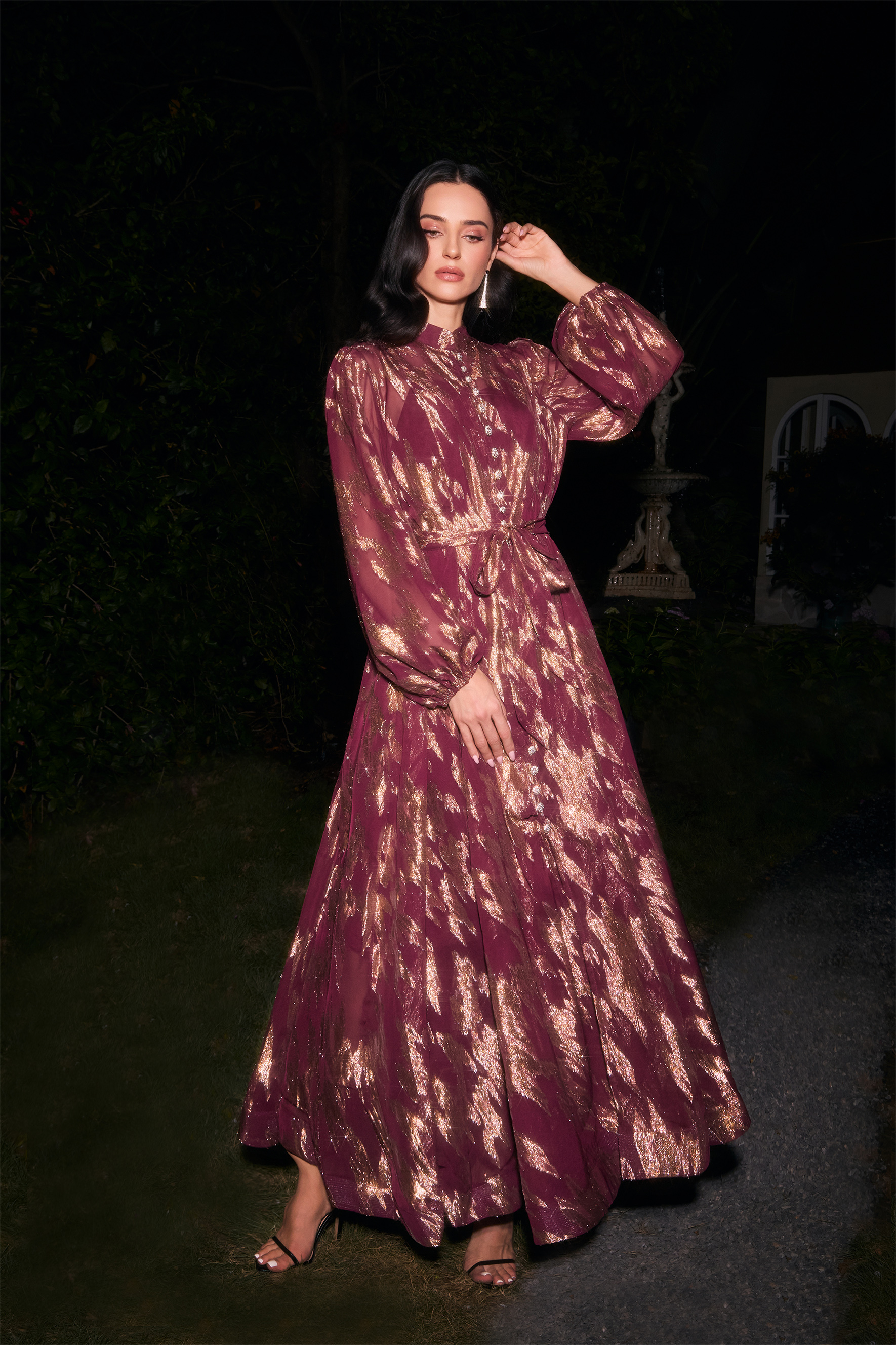 Aitana Metallic Print Puff Sleeve Maxi Dress-purelyfable