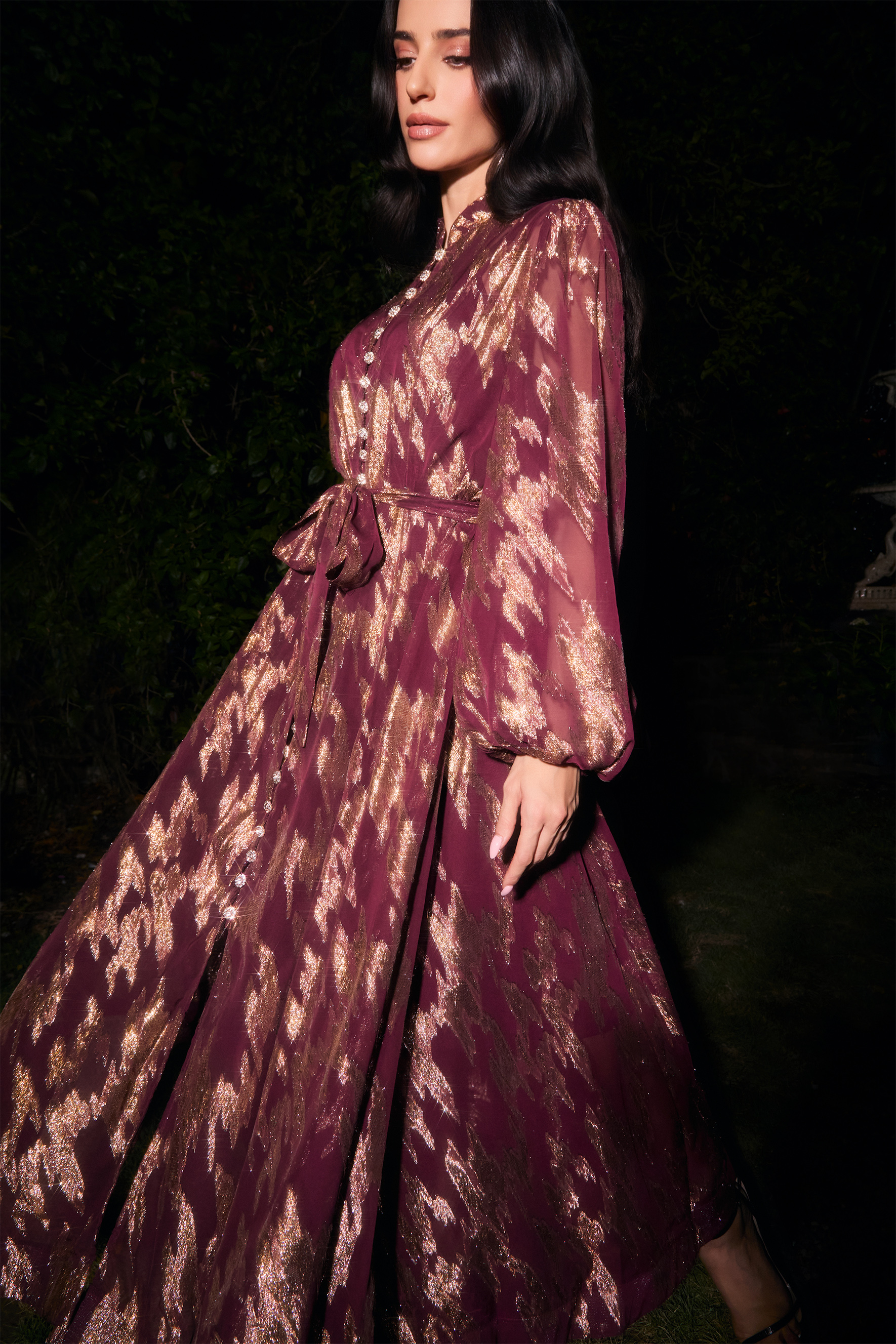 Aitana Metallic Print Puff Sleeve Maxi Dress-purelyfable