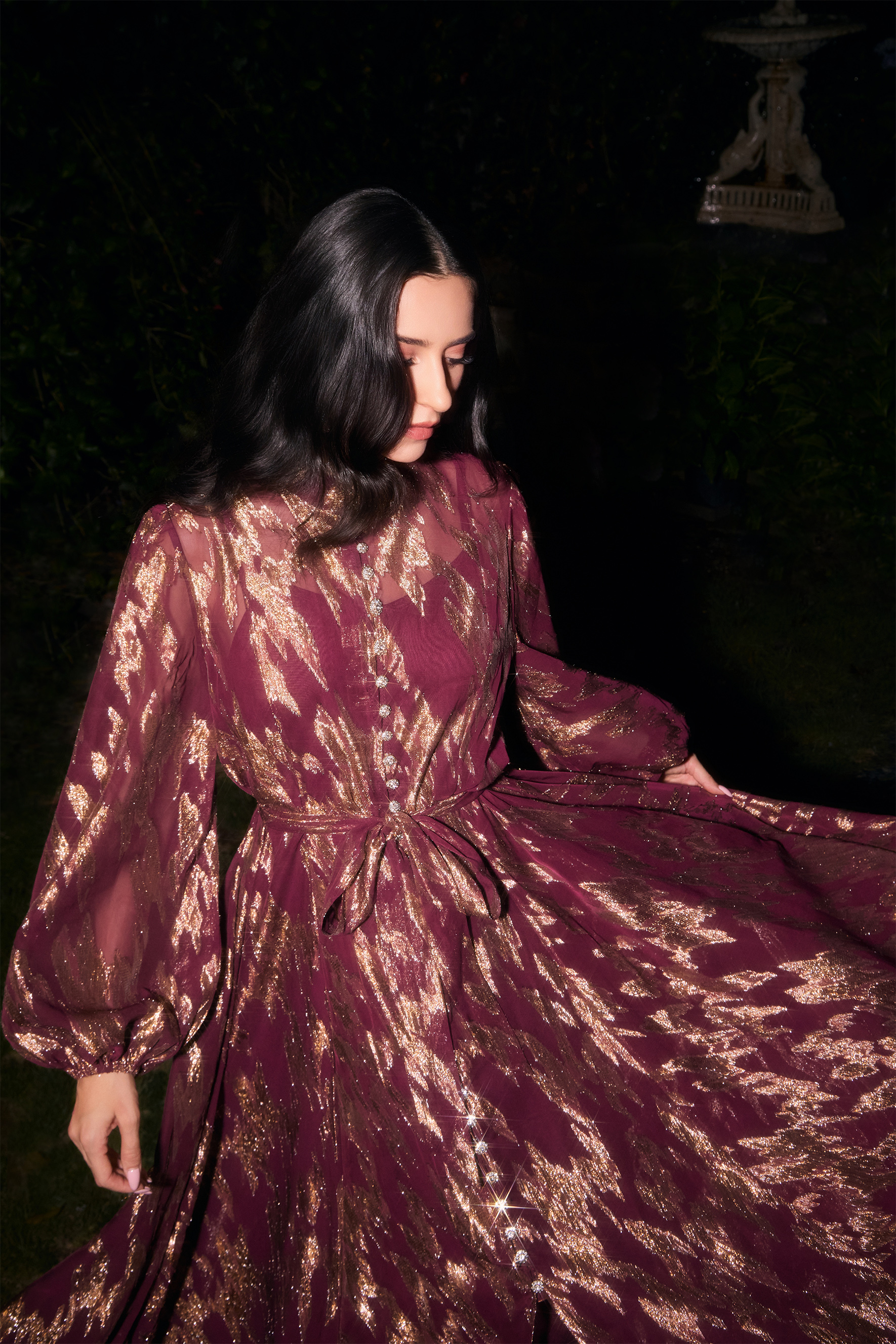 Aitana Metallic Print Puff Sleeve Maxi Dress-purelyfable