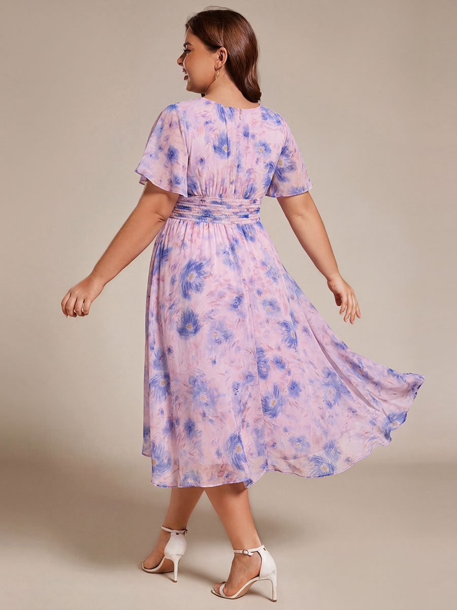 Plus Size Pleated Round Neckline A-Line Midi Chiffon Wedding Guest Dress