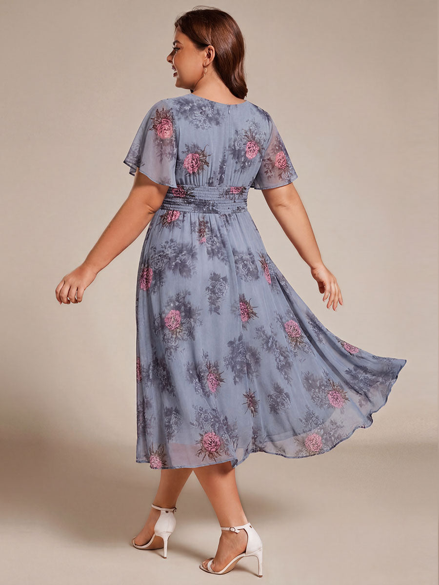 Plus Size Pleated Round Neckline A-Line Midi Chiffon Wedding Guest Dress