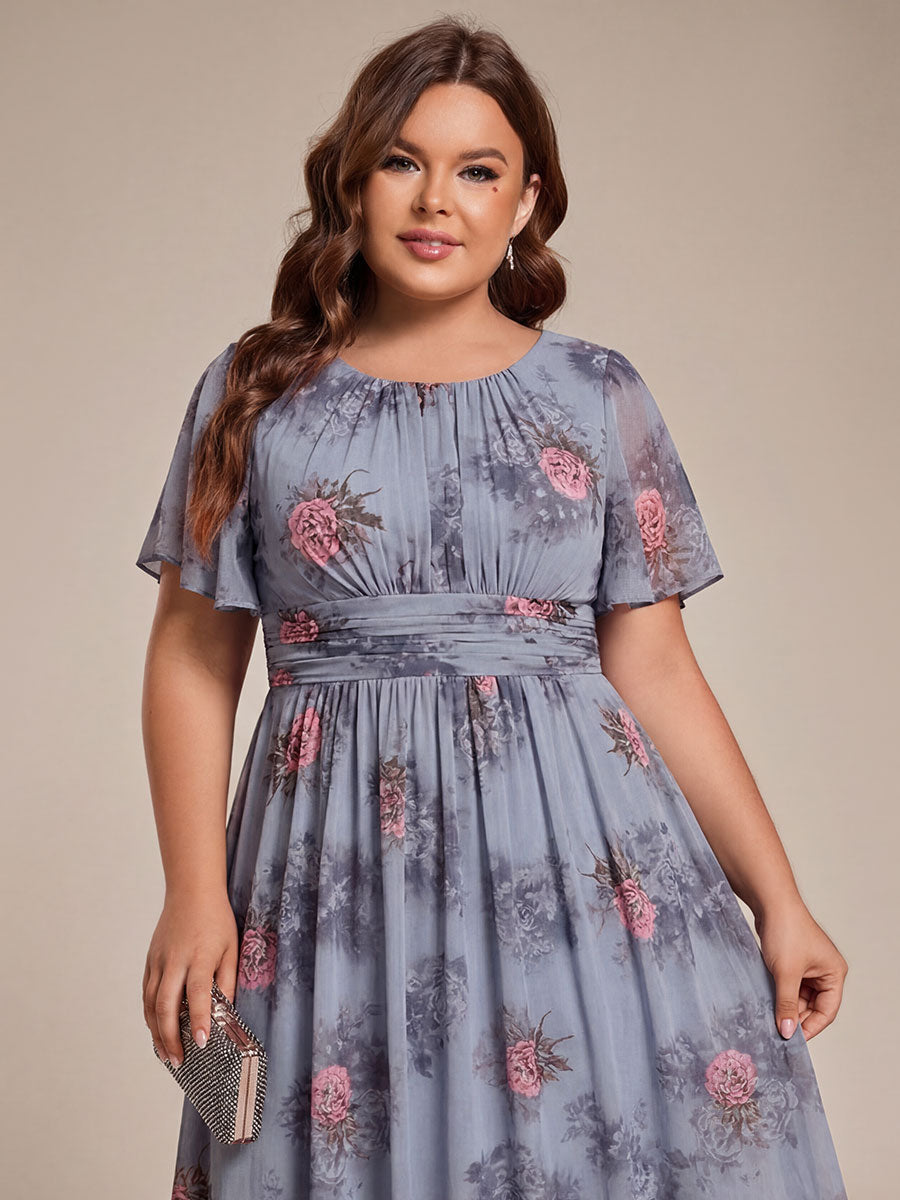 Plus Size Pleated Round Neckline A-Line Midi Chiffon Wedding Guest Dress