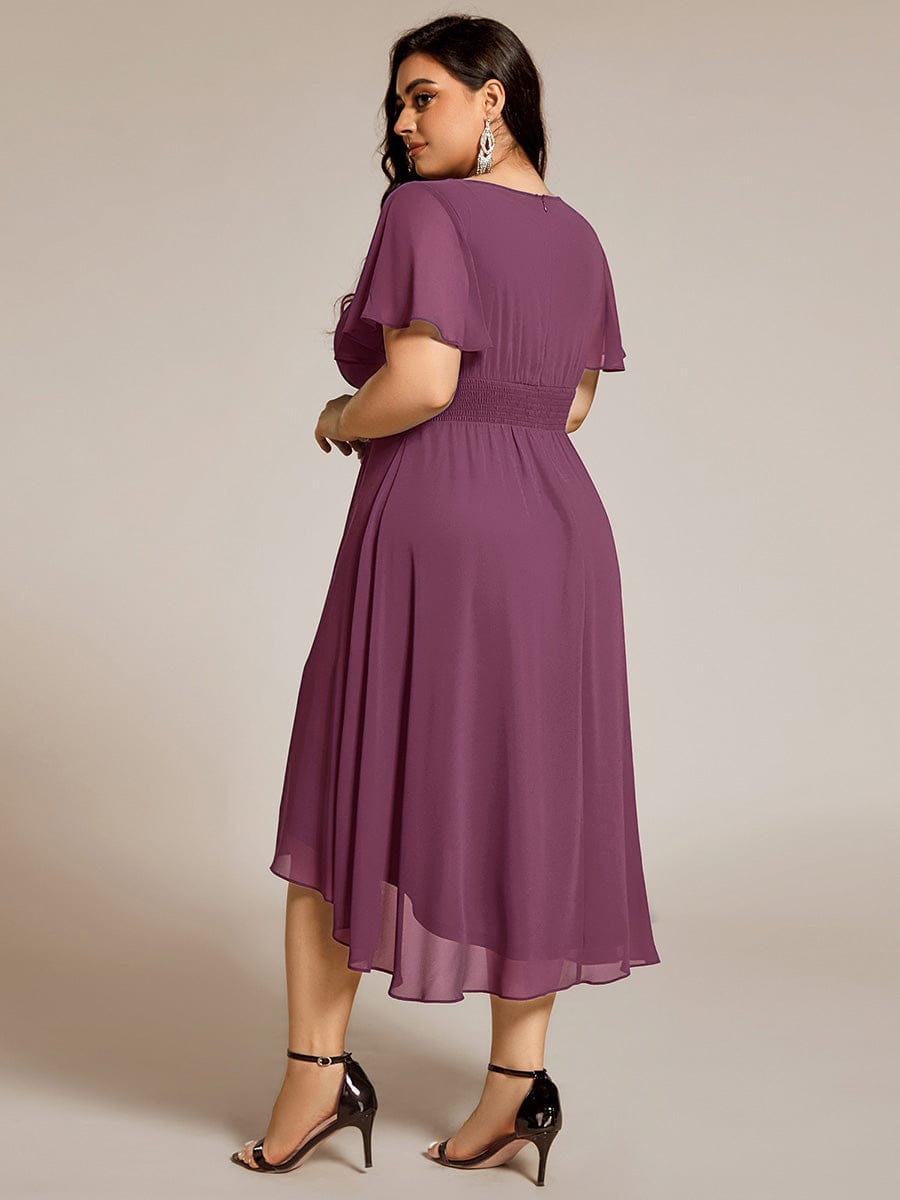 Plus Size Pleated Round Neckline A-Line Midi Chiffon Wedding Guest Dress