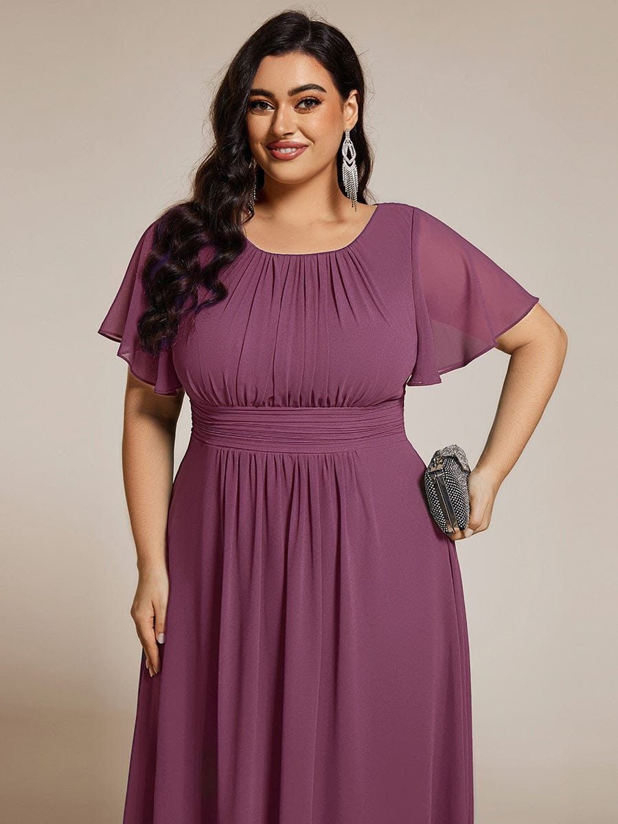 Plus Size Pleated Round Neckline A-Line Midi Chiffon Wedding Guest Dress