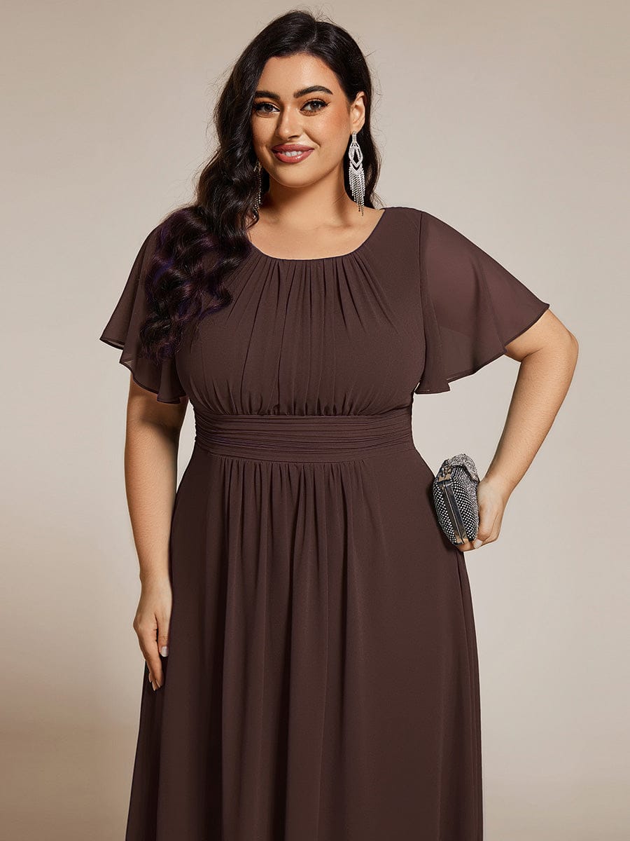Plus Size Pleated Round Neckline A-Line Midi Chiffon Wedding Guest Dress