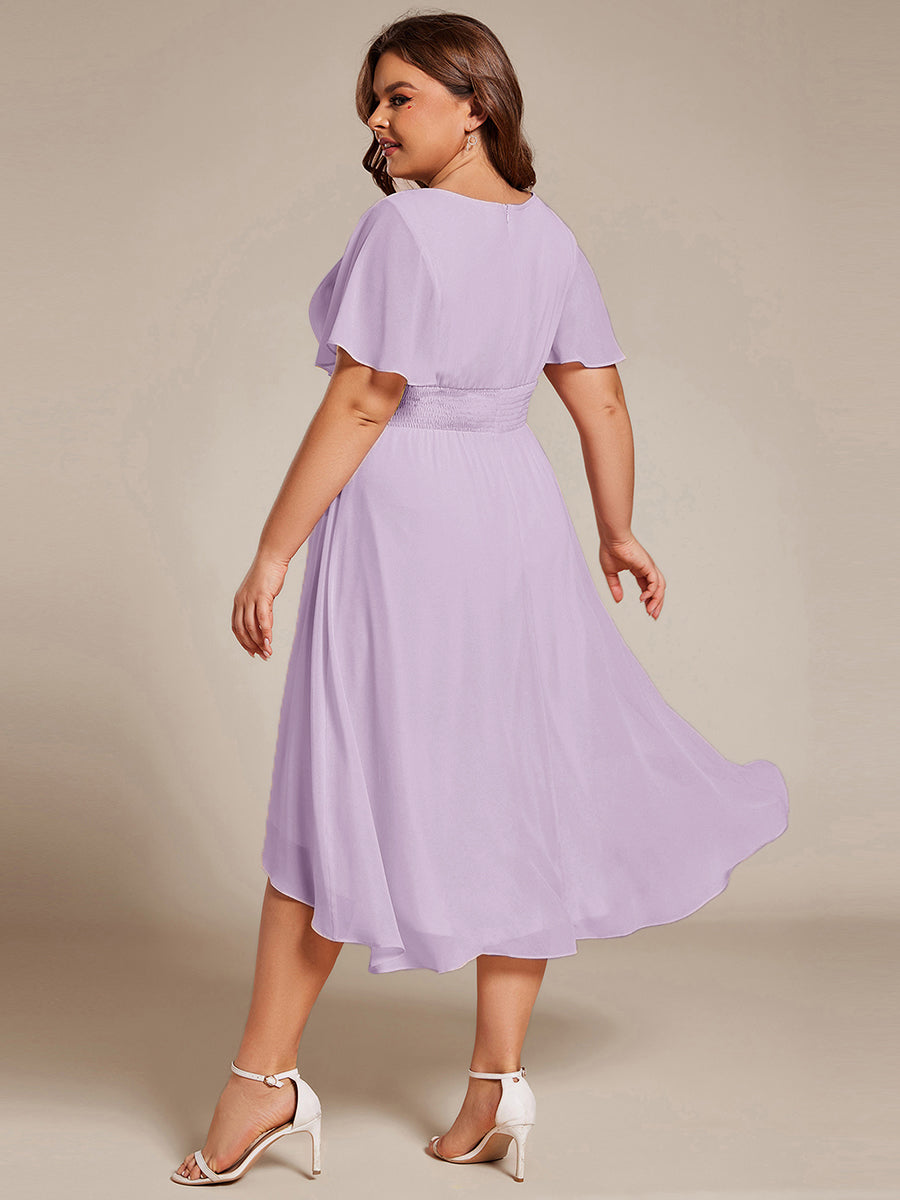 Plus Size Pleated Round Neckline A-Line Midi Chiffon Wedding Guest Dress