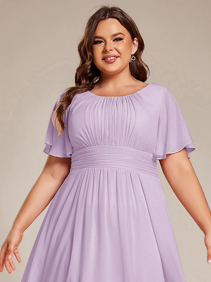 Plus Size Pleated Round Neckline A-Line Midi Chiffon Wedding Guest Dress