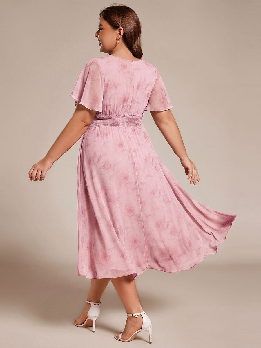 Plus Size Pleated Round Neckline A-Line Midi Chiffon Wedding Guest Dress