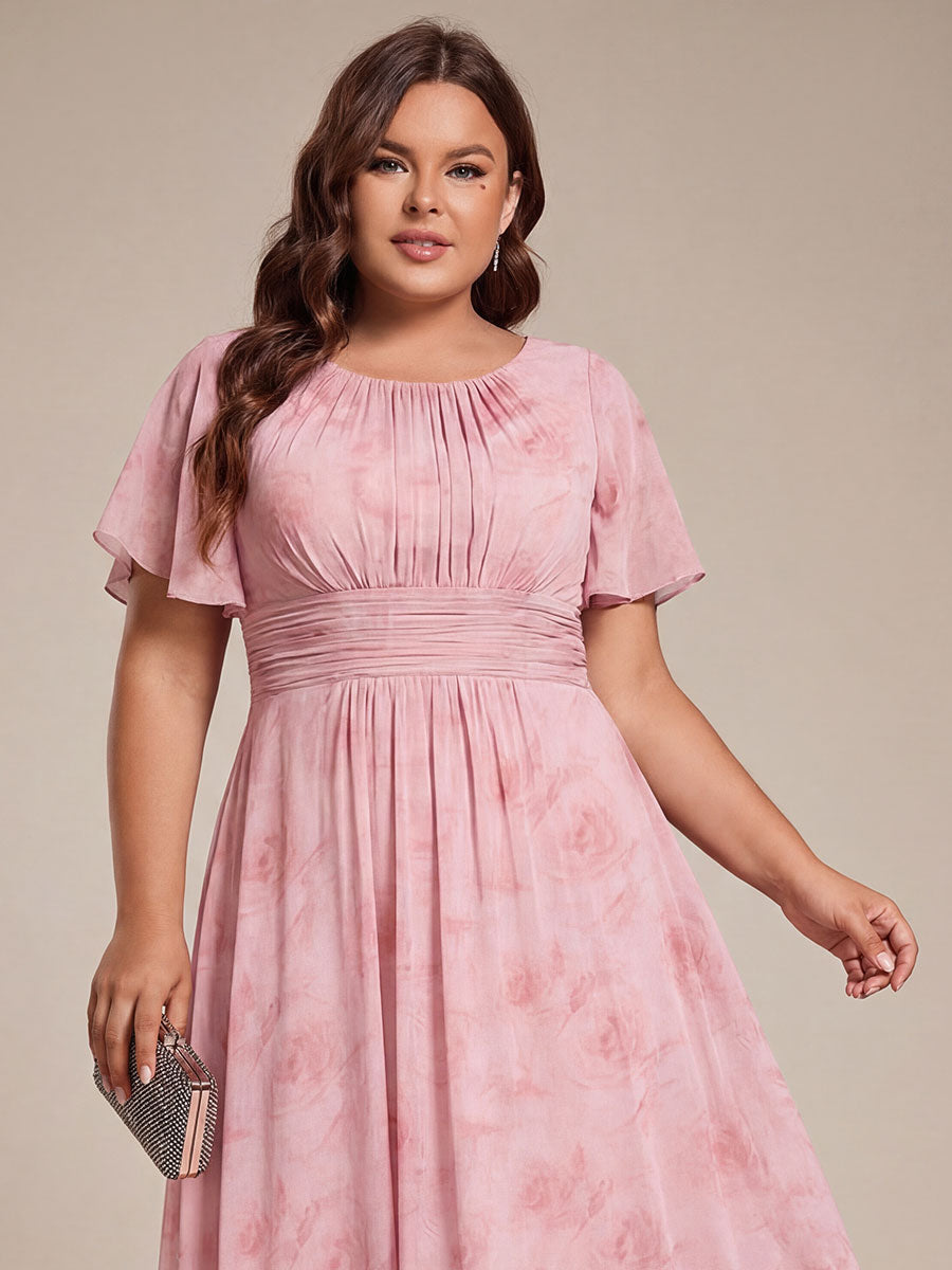 Plus Size Pleated Round Neckline A-Line Midi Chiffon Wedding Guest Dress