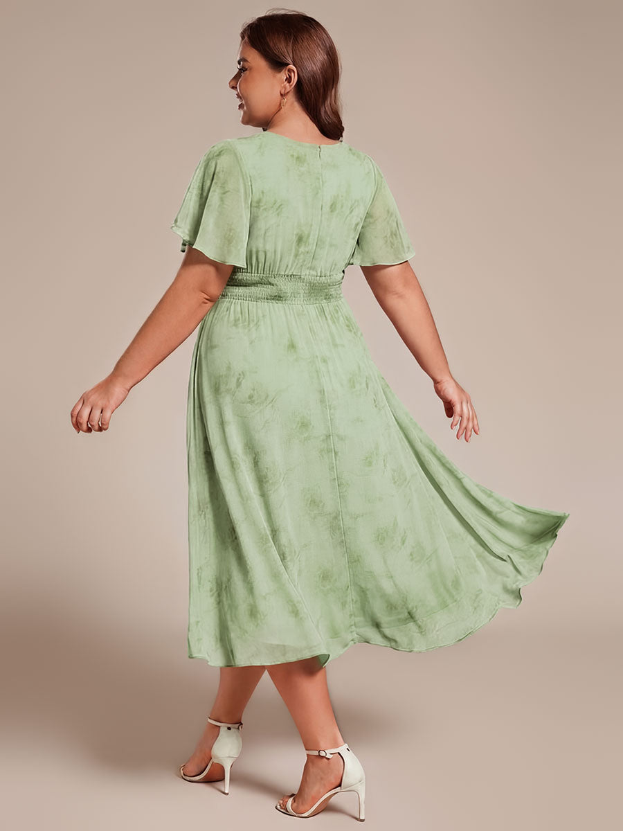 Plus Size Pleated Round Neckline A-Line Midi Chiffon Wedding Guest Dress