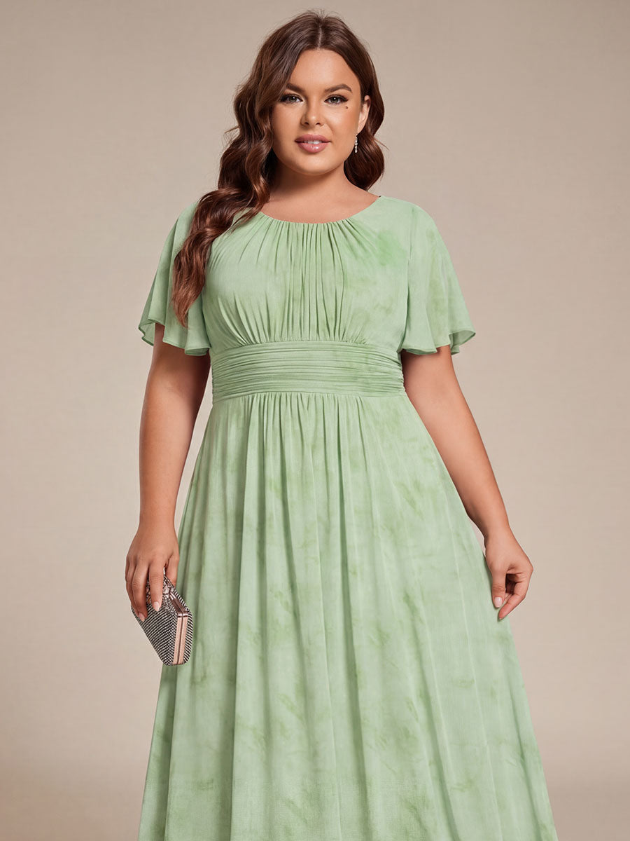 Plus Size Pleated Round Neckline A-Line Midi Chiffon Wedding Guest Dress