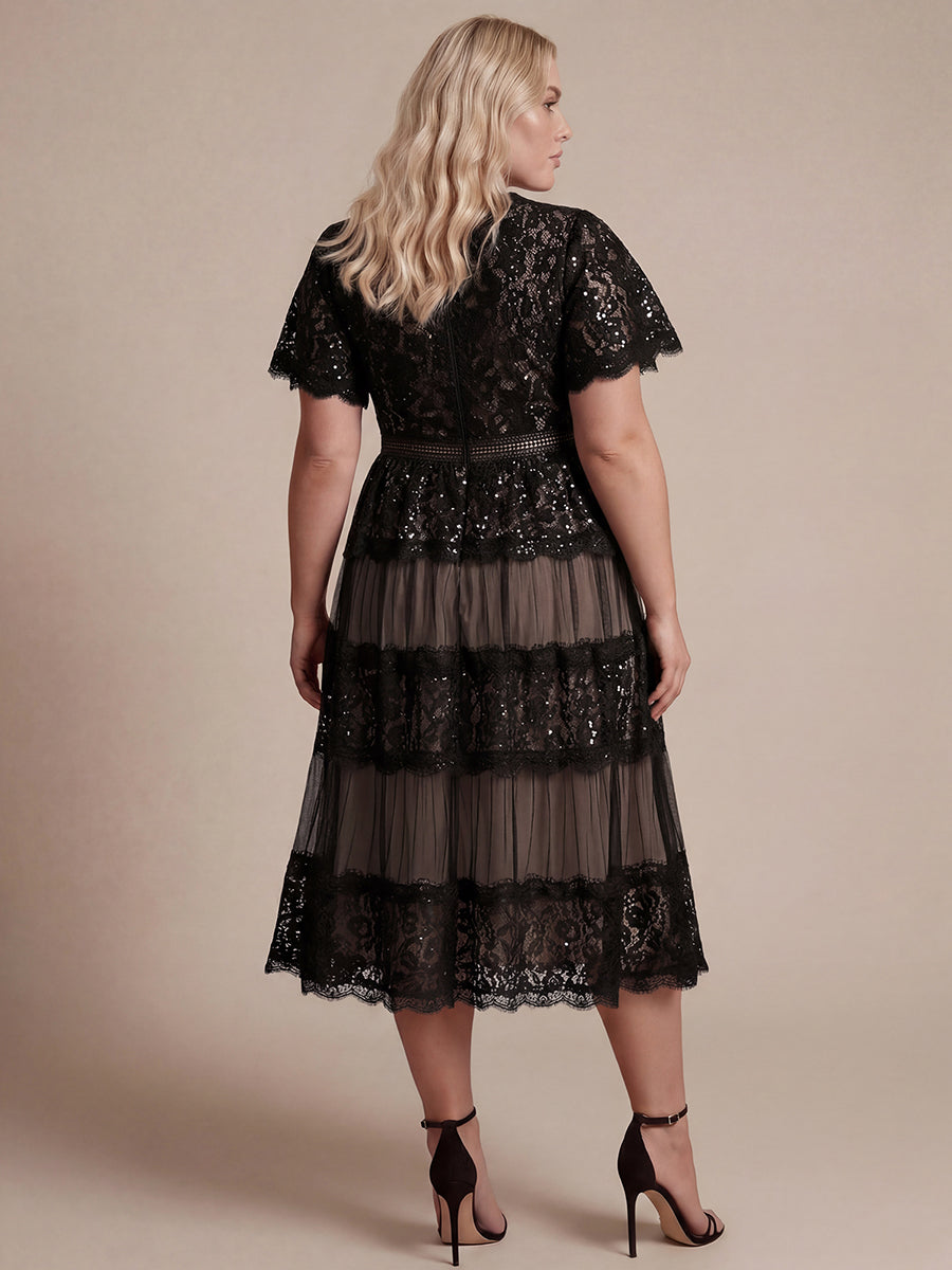Plus Size Tiered Tulle Lace Wedding Guest Dress