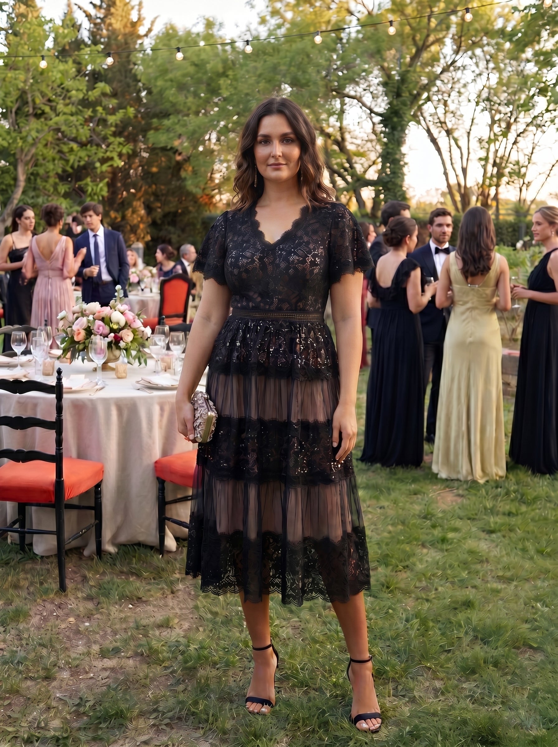 Plus Size Tiered Tulle Lace Wedding Guest Dress