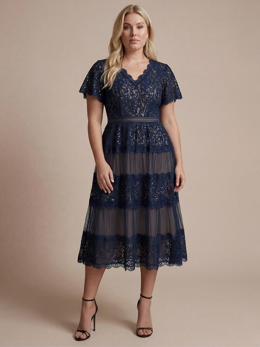 Plus Size Tiered Tulle Lace Wedding Guest Dress