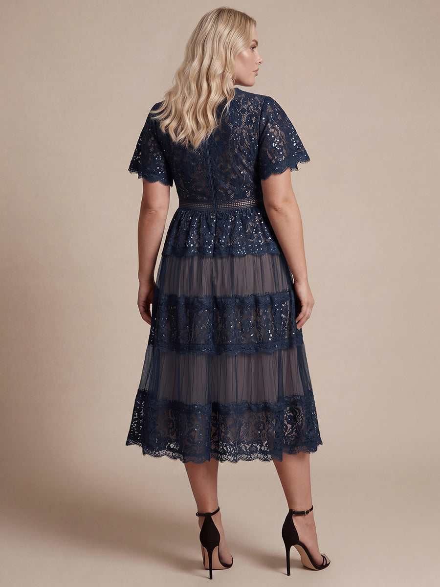 Plus Size Tiered Tulle Lace Wedding Guest Dress