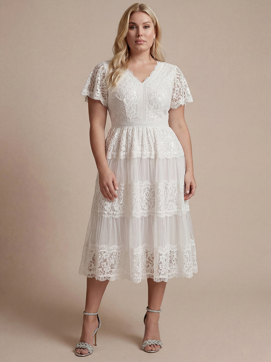Plus Size Tiered Tulle Lace Wedding Guest Dress