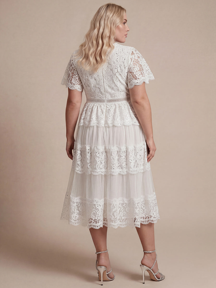 Plus Size Tiered Tulle Lace Wedding Guest Dress