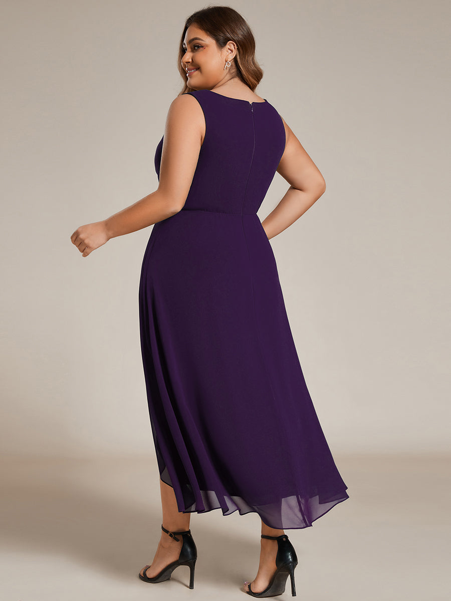 Sleeveless V-Neck High Low Plus Size Wedding Guest Dress with Floral Applique
