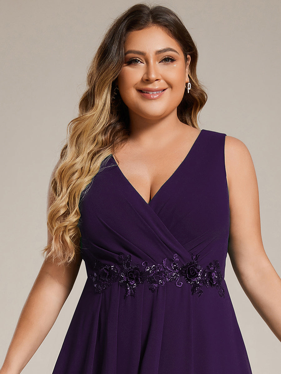 Sleeveless V-Neck High Low Plus Size Wedding Guest Dress with Floral Applique