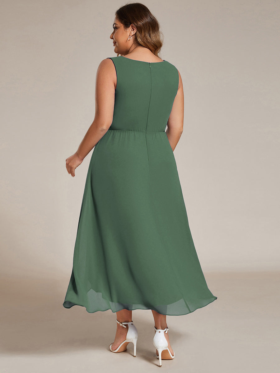Sleeveless V-Neck High Low Plus Size Wedding Guest Dress with Floral Applique