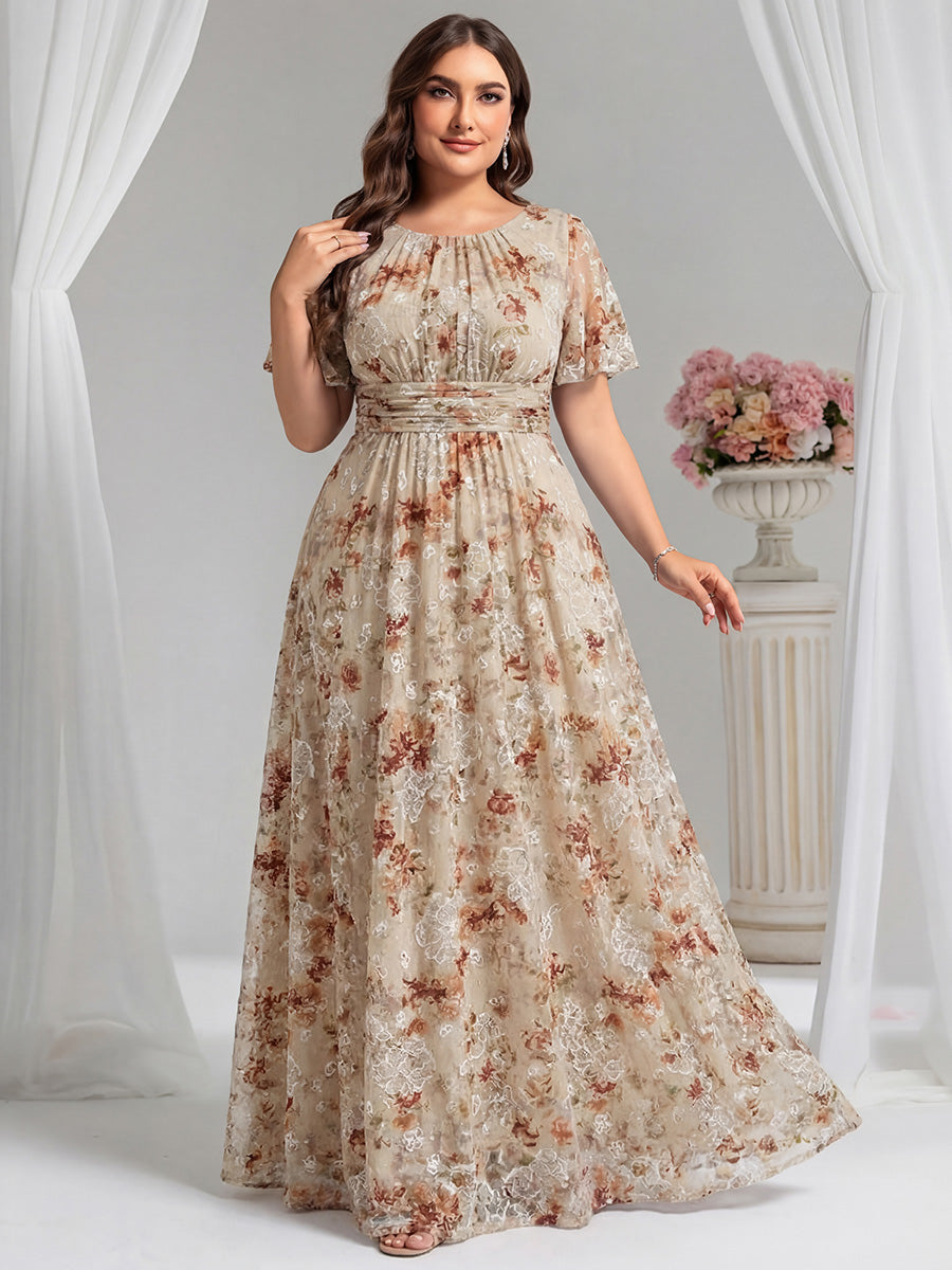 Plus Size Printed Chiffon Pleated Maxi Wedding Guest Dress