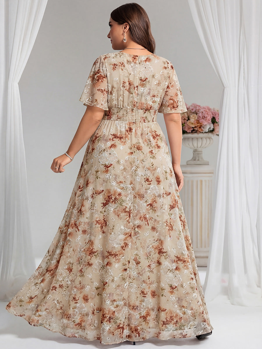 Plus Size Printed Chiffon Pleated Maxi Wedding Guest Dress