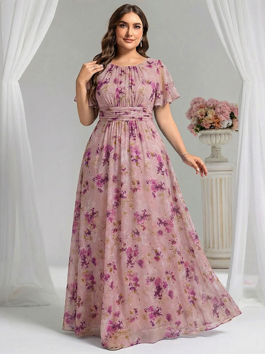 Plus Size Printed Chiffon Pleated Maxi Wedding Guest Dress