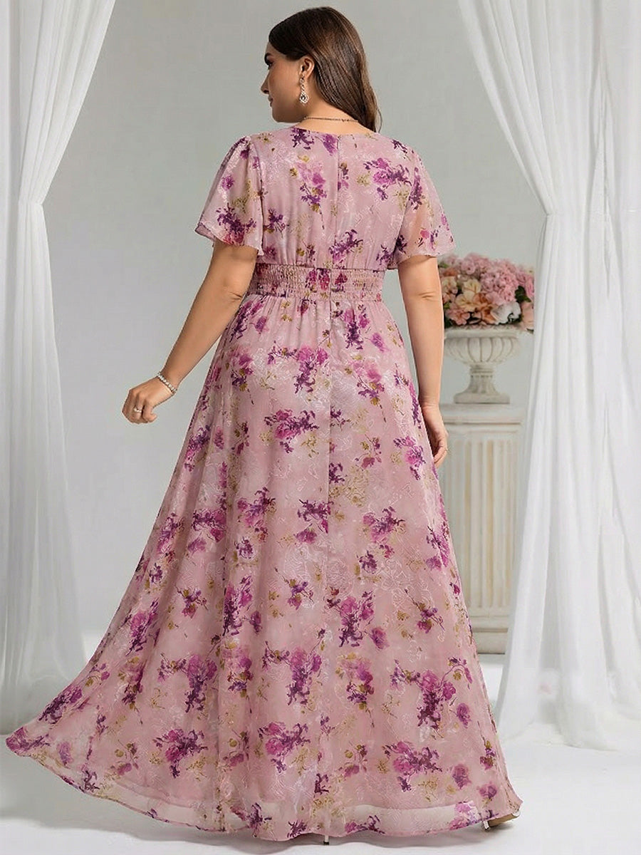 Plus Size Printed Chiffon Pleated Maxi Wedding Guest Dress