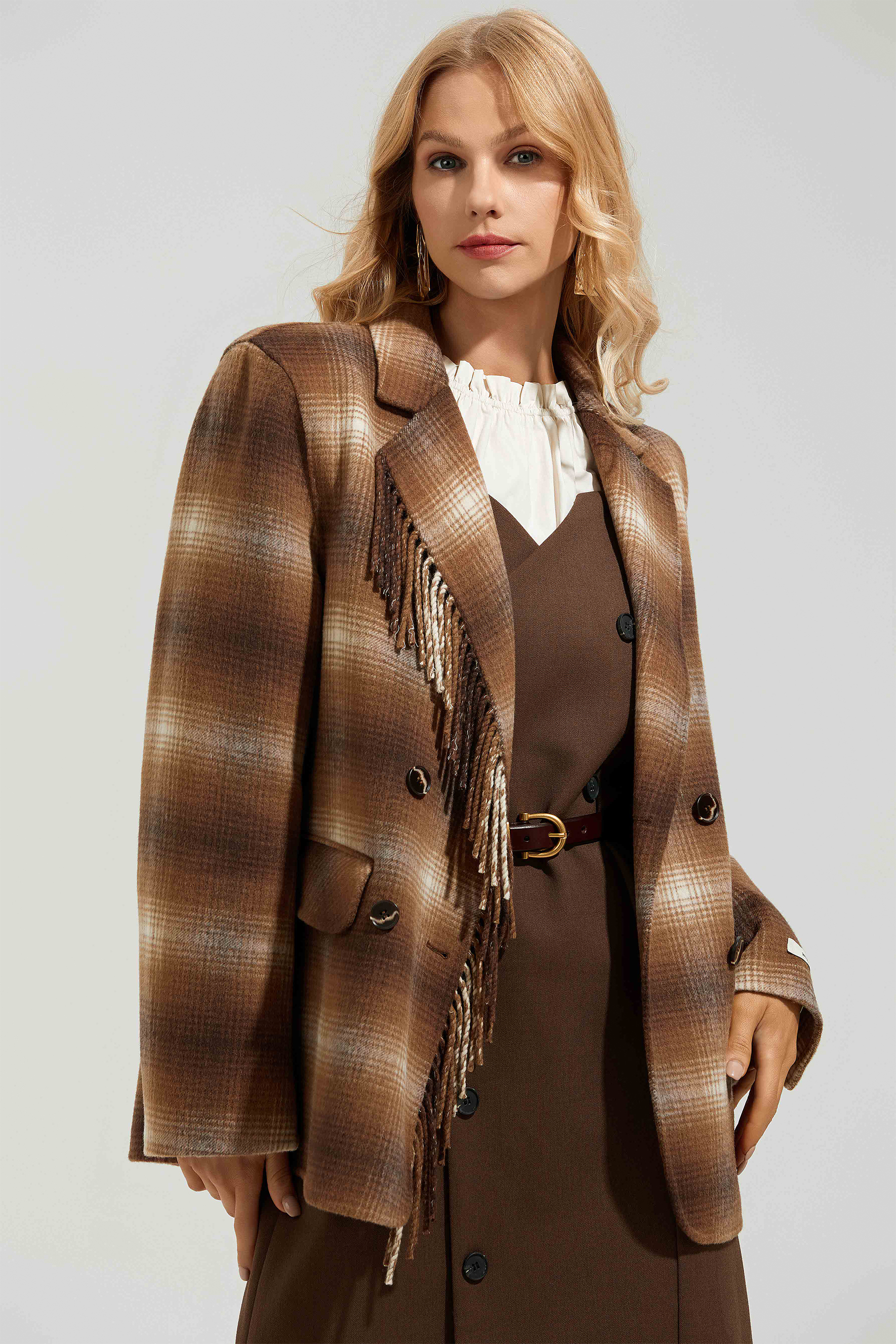 Edana Checkered Fringe Jacket-purelyfable