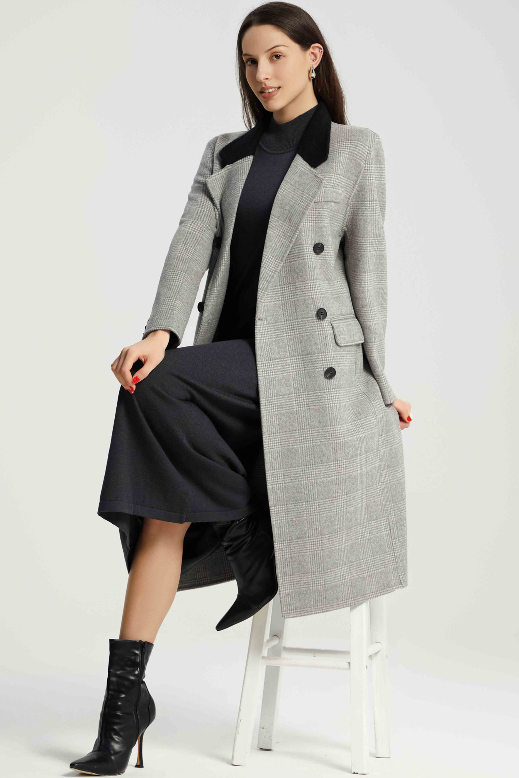 Brina Double Breasted Plaid Wool Coat-purelyfable