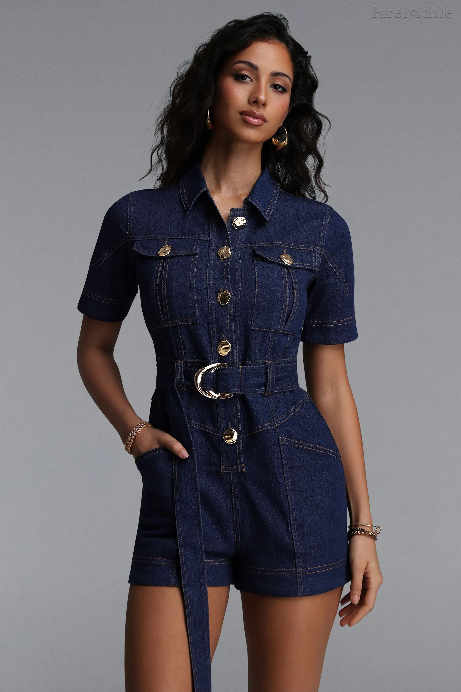 Alba Blue Patchwork Lapel Jumpsuit Shorts