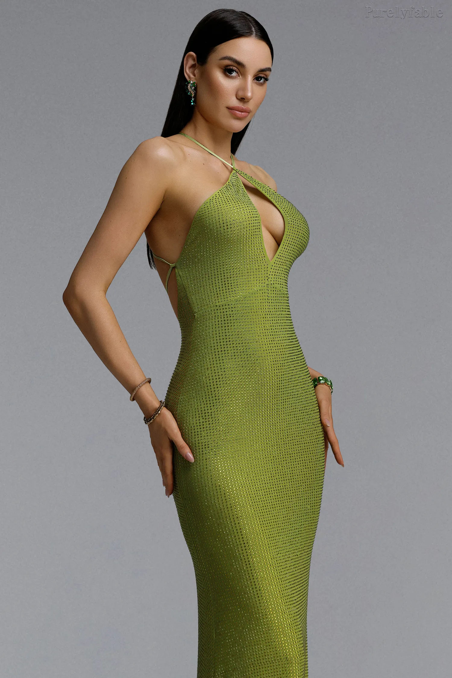 Aleah Green Backless Sparkling Rhinestone Dress