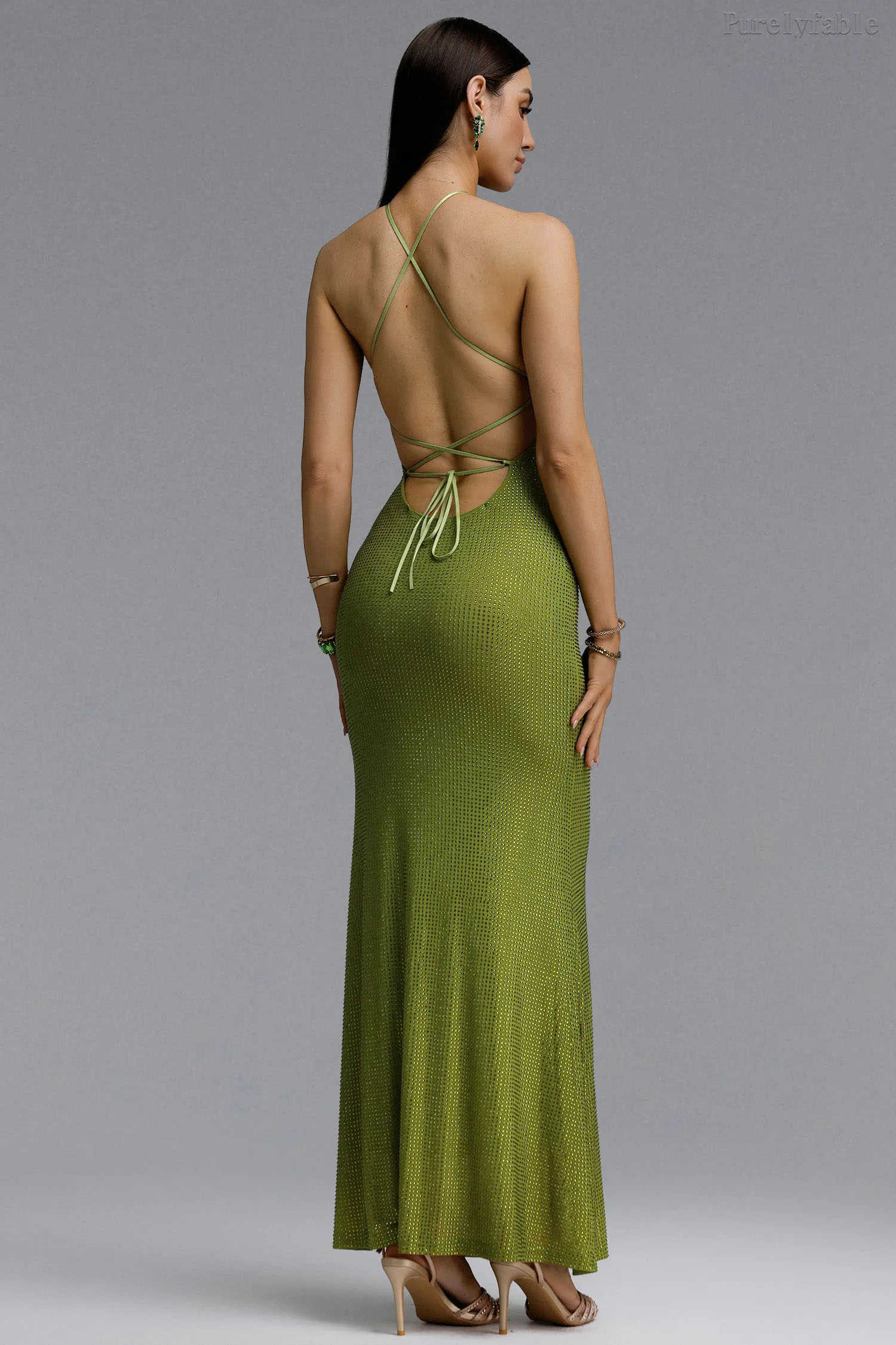 Aleah Green Backless Sparkling Rhinestone Dress