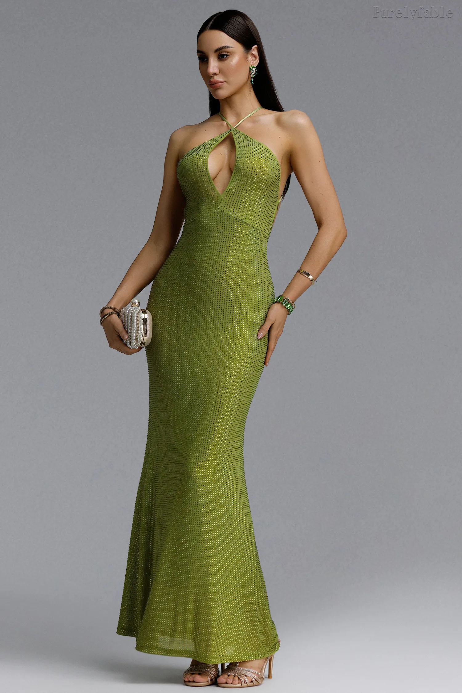 Aleah Green Backless Sparkling Rhinestone Dress