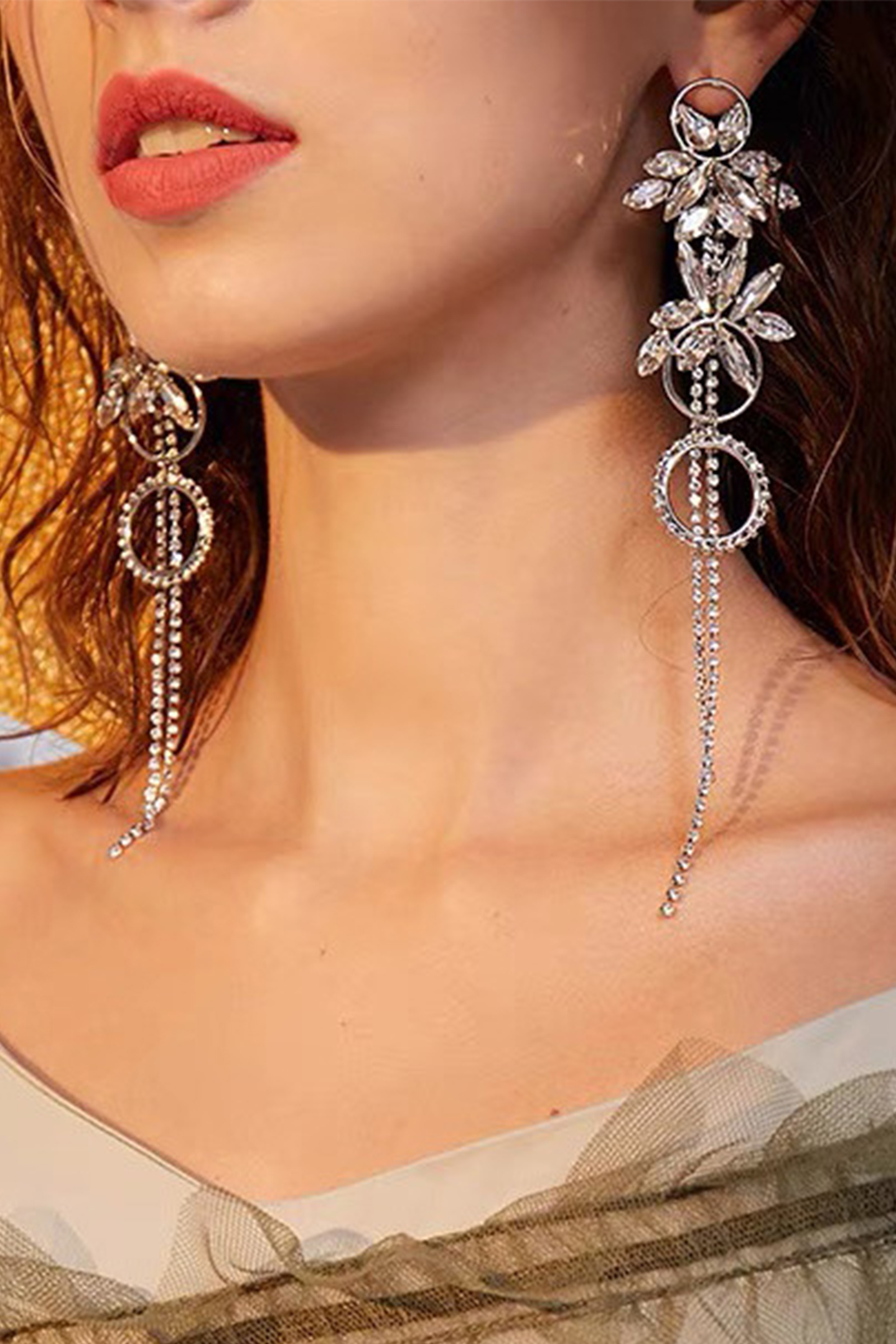 Crystal Flower Tassel Drop Earrings-purelyfable