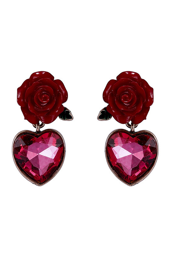 Vintage Rose Heart Drop Earrings-purelyfable