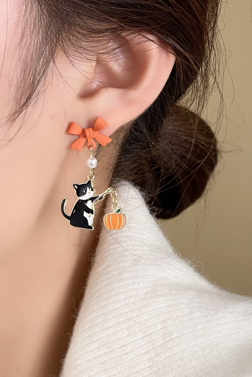 Pumpkin Lantern Cat Drop Earrings-purelyfable