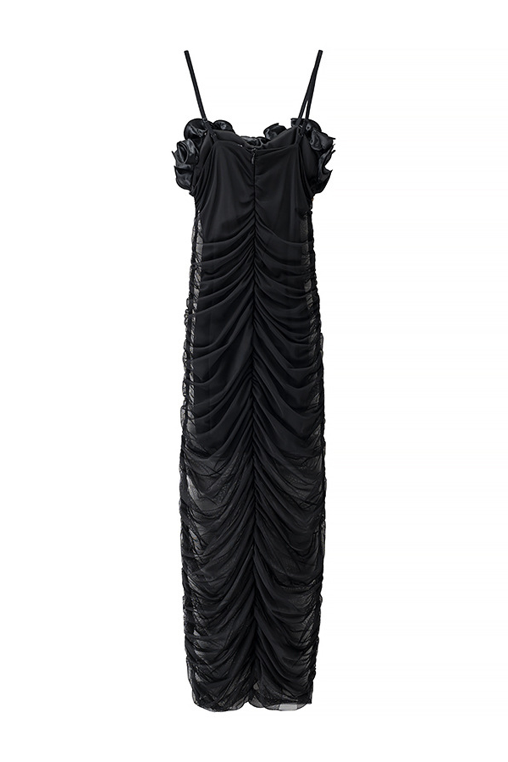 Nora Ruffle Trim Ruched Mesh Midi Dress-purelyfable