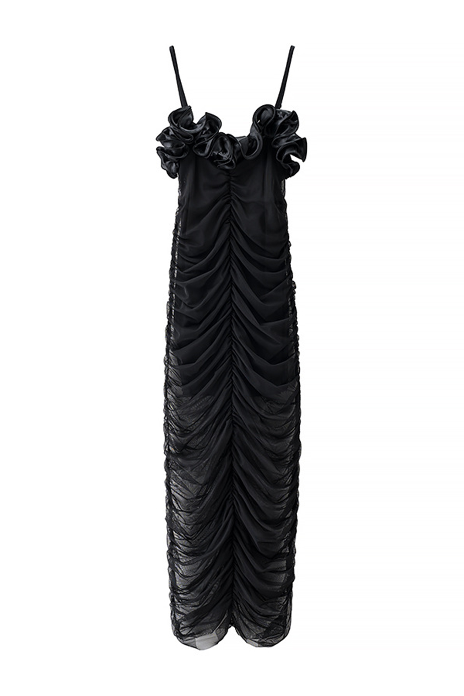Nora Ruffle Trim Ruched Mesh Midi Dress-purelyfable