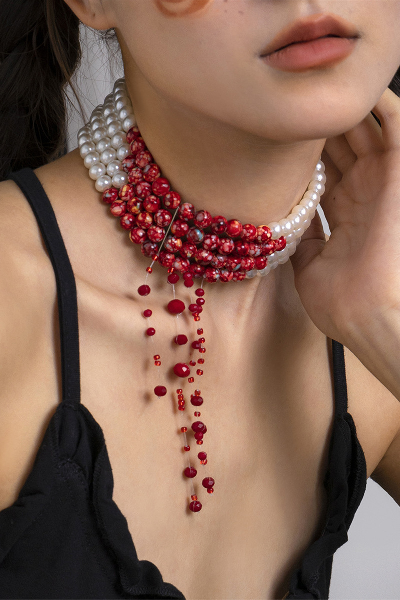 Bloody Pearl Tassel Necklace-purelyfable