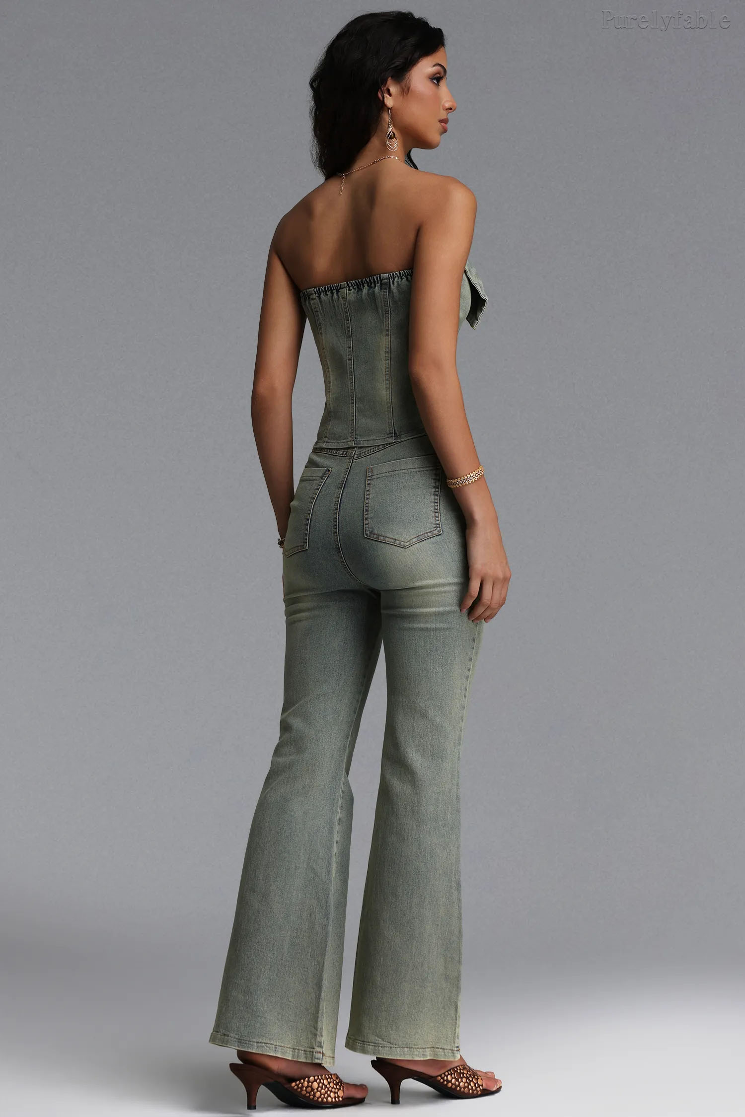 Alba Light Blue Strapless Vest Flared Pants Two-Piece Set