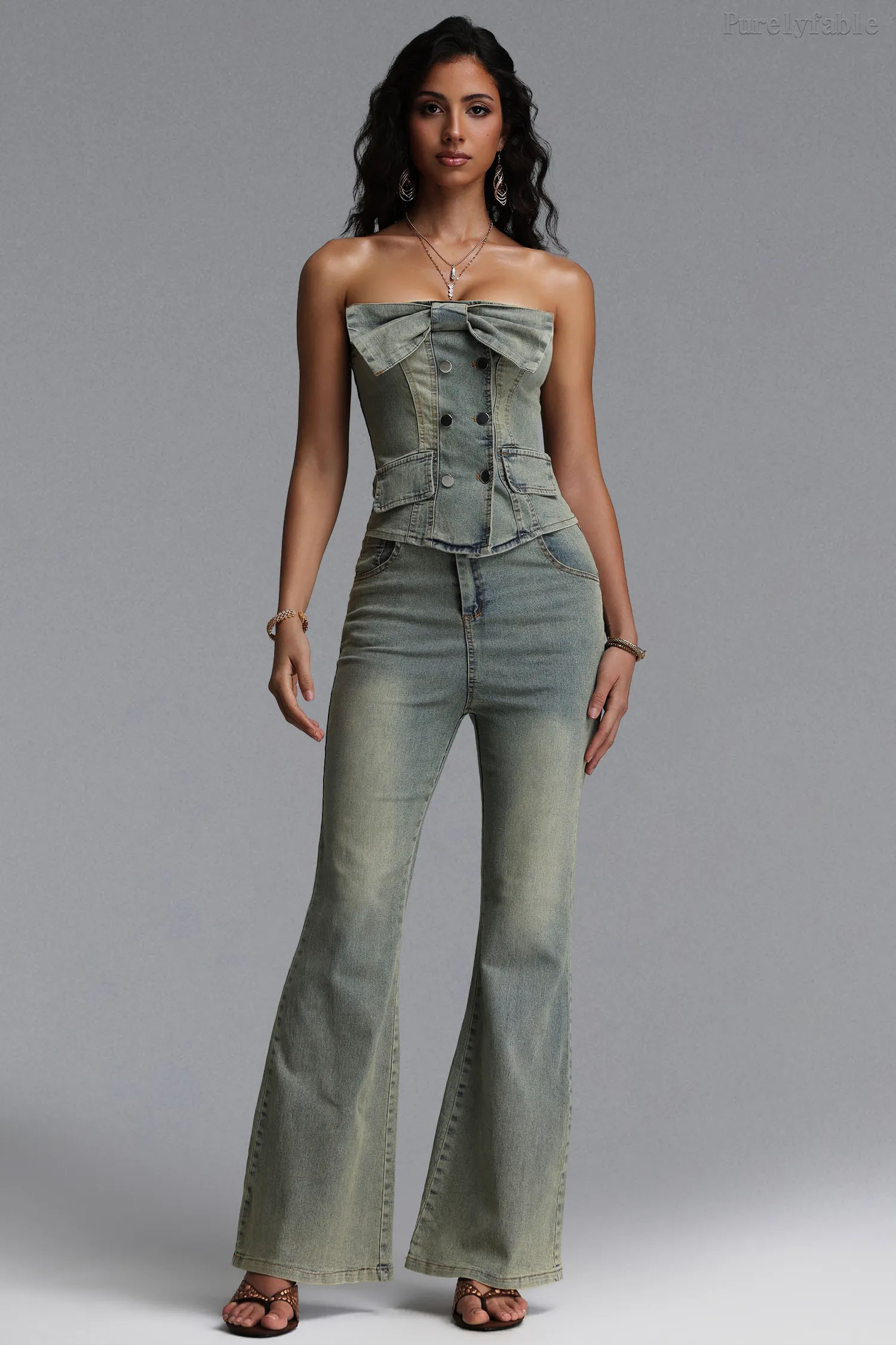 Alba Light Blue Strapless Vest Flared Pants Two-Piece Set