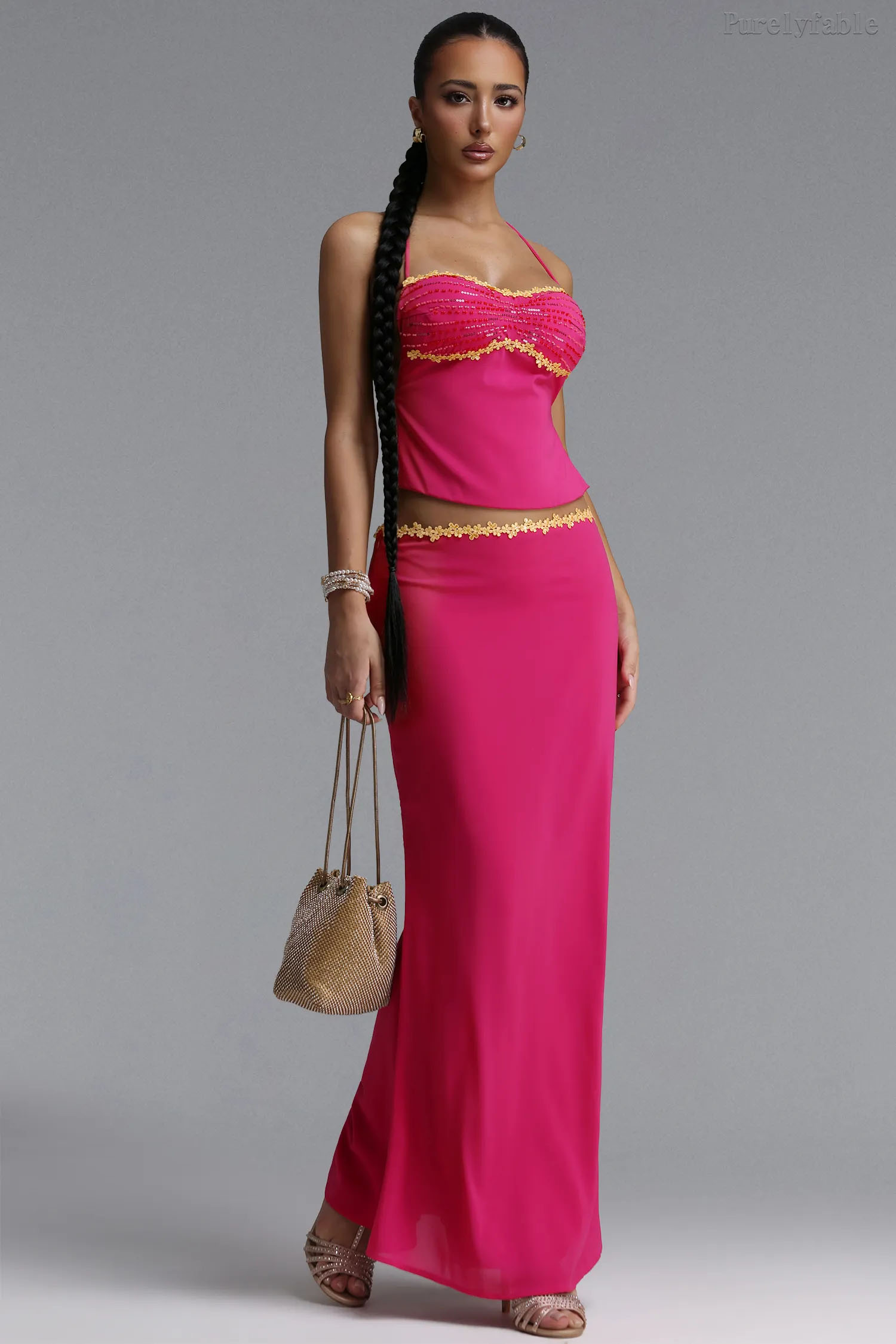 Madelyn Purple Red Hanging Neck High Waist Split Skirt Set